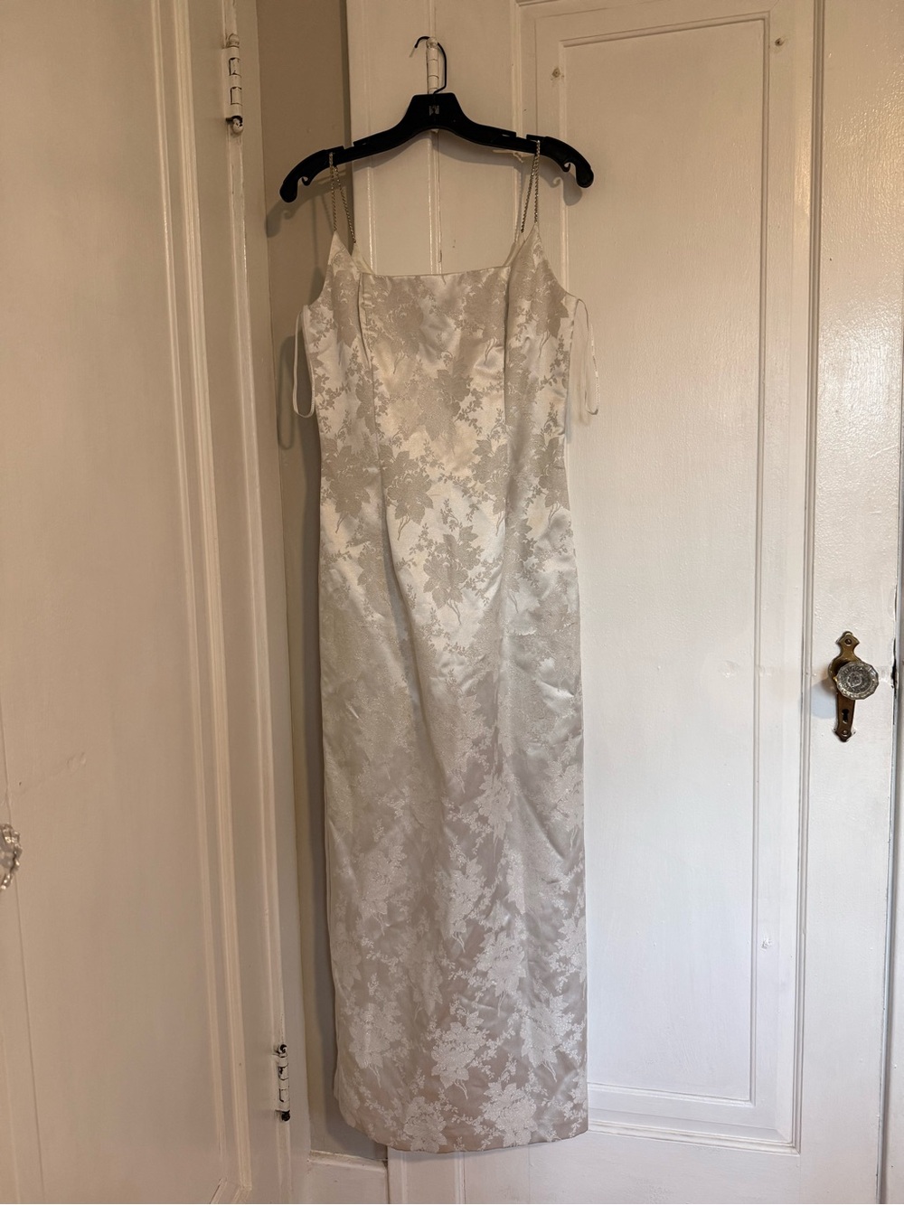 Jessica McClintock Ivory Satin Floral Slip Dress with Crystal Straps